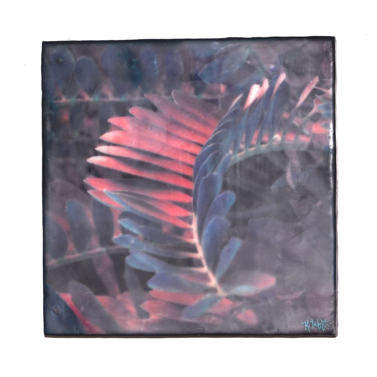Blue  Image: When you really look closely, nature has a beautiful architecture all it’s own.  This palm plant is a true inspiration to the intricate design that’s all around us.  This artwork was created by torch fusing clear encaustic medium, white encaustic paint, oil pastels and burnishing a photo of a cardboard palm plant taken in Florida.  
