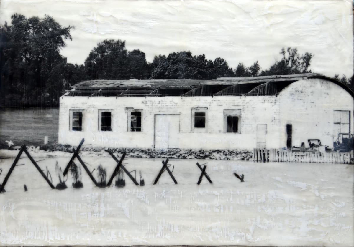 Boathouse  Image: Tranquil and classic, this boathouse has stood the test of time.  This artwork was created by torch fusing and layering clear encaustic medium, white encaustic paint, oil pastels and by burnishing a digitally edited image of a boathouse located in Detour, Michigan.  
