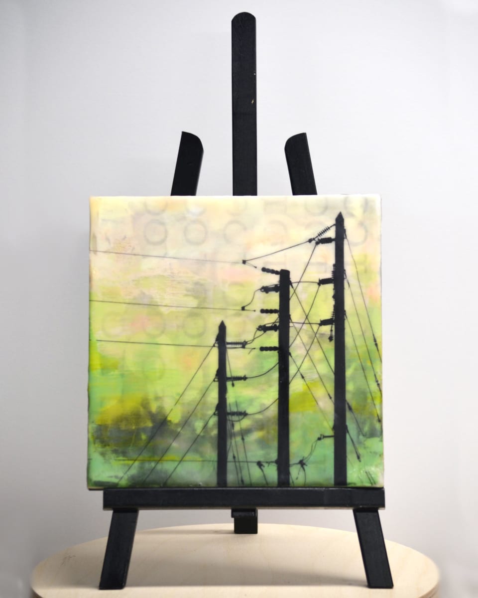 Crossed Wires by Kristianne Tefft  Image: This artwork was created by torch fusing clear encaustic medium, various encaustic paints, oil pastels, and pan pastels.  There are also several images burnished into different layers of wax.  The image was taken near Port Charlotte, Florida. 