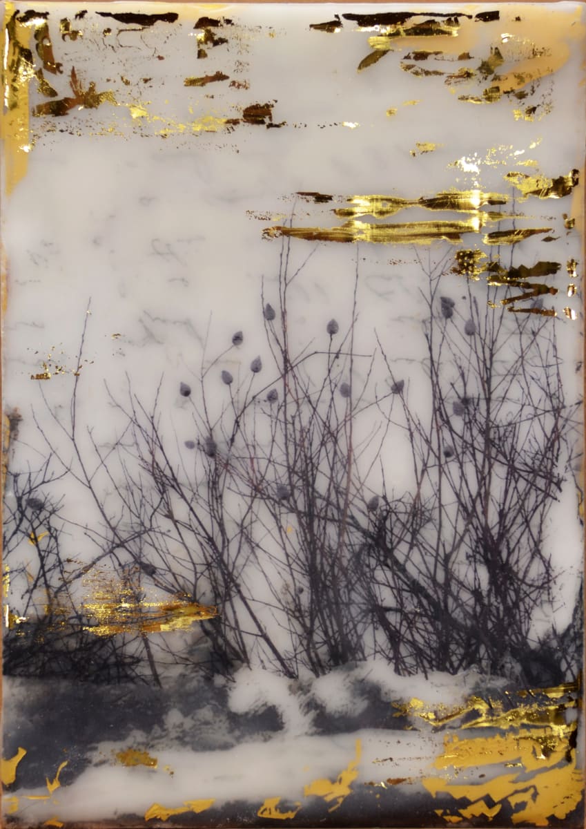Gold Rush  Image: This cute little piece has layers and complexity.  So simple but with a little flashiness. This artwork was created by torch fusing and layering clear encaustic medium, encaustic paint, gold foil and by burnishing several different images
