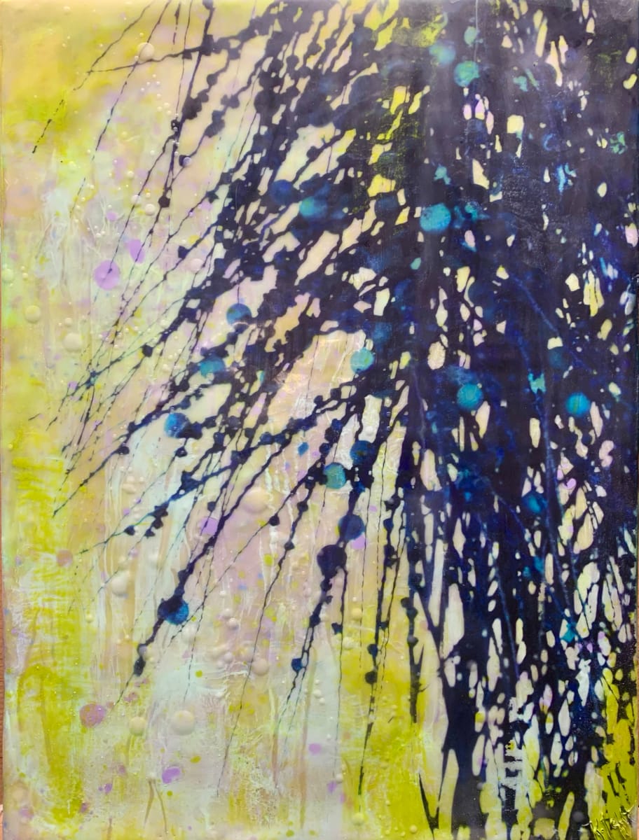 Green Pearl by Kristianne Tefft  Image: This artwork was created by torch fusing clear encaustic wax, using various encaustic wax paints and oil pastels and then by burnishing an image of dried palm tree fruits into the wax.
  
