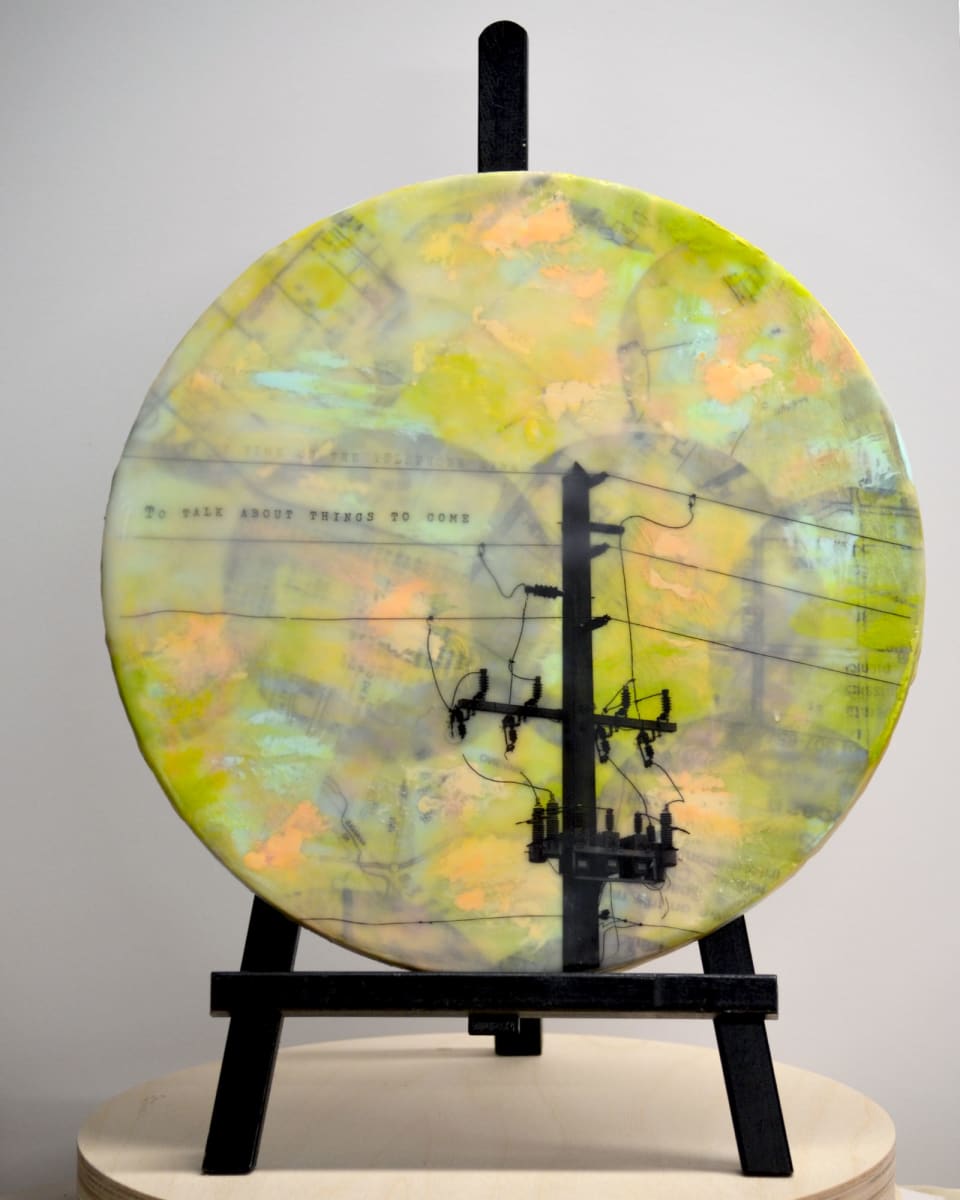 Hours by Kristianne Tefft  Image: This artwork was created by torch fusing clear encaustic medium, various encaustic paints, oil pastels, and pan pastels.  There are also several images burnished into different layers of wax.  The image was taken near Port Charlotte, Florida. 