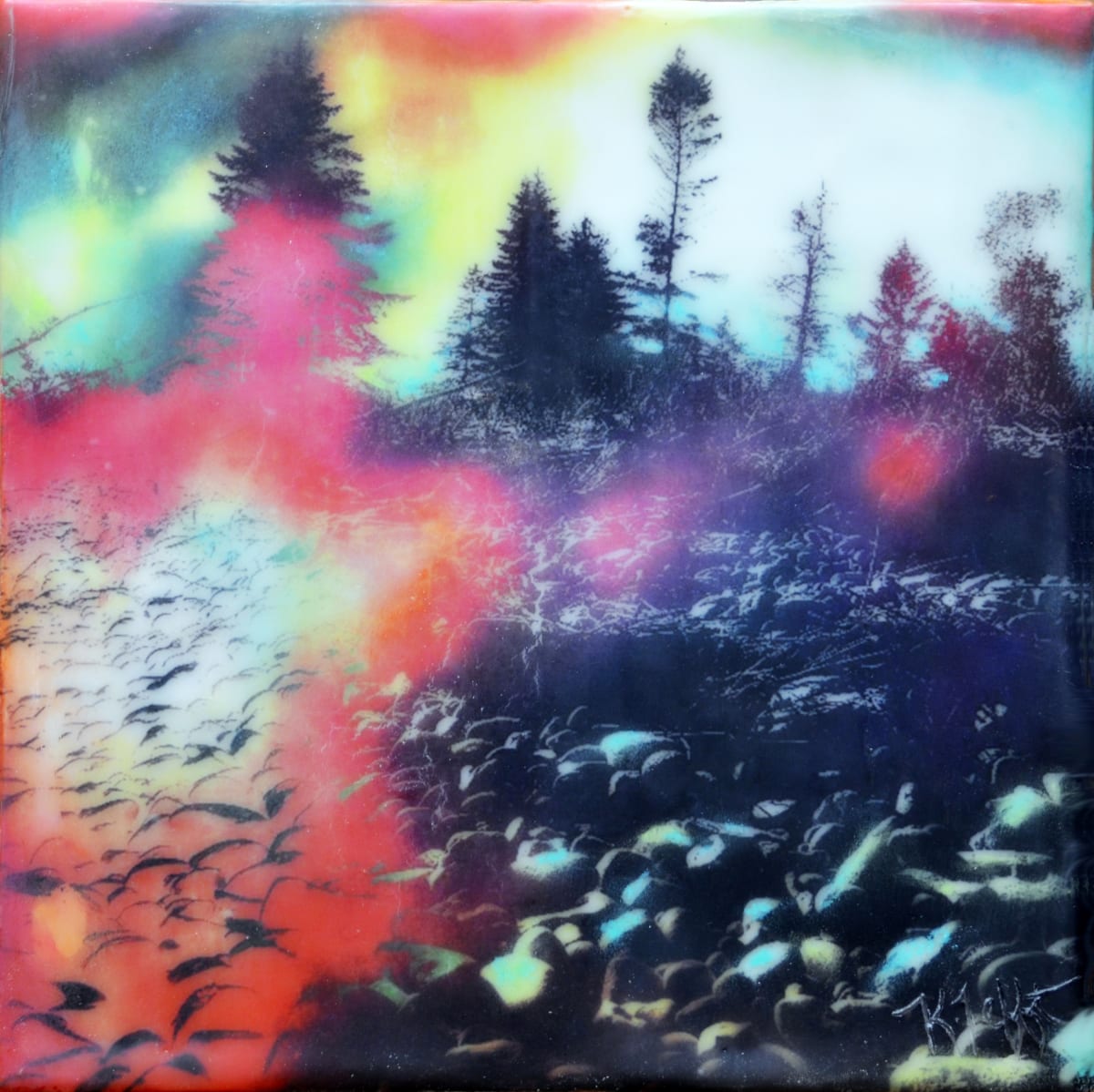 Infrared by Kristianne Tefft  Image: This piece was inspired by the effects of chemicals on nature.  This artwork was created by torch fusing clear encaustic medium, white encaustic paint, oil pastels and then burnishing a digitally edited image of trees taken in Detour, MI.  
