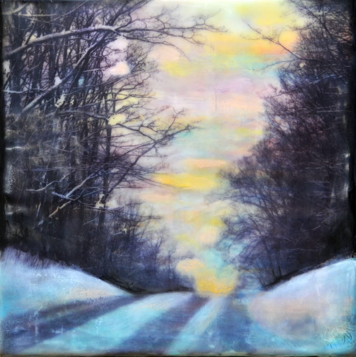 Into the Woods by Kristianne Tefft  Image: Follow the trail and go into the woods.  This artwork was created by torch fusing and layering clear encaustic medium, encaustic paints, and by burnishing an image of trees taken in Petosky, MI.
