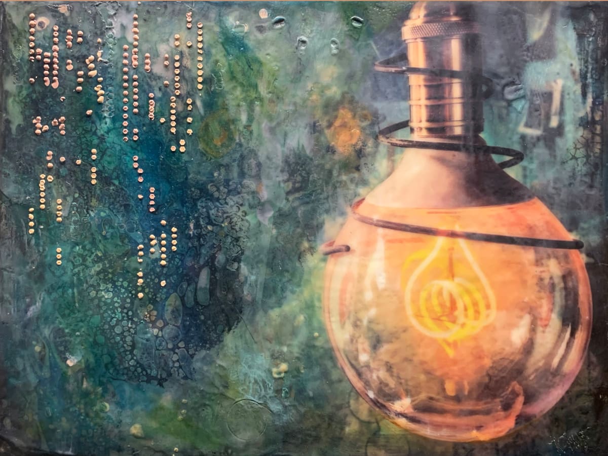 Intuition by Kristianne Tefft  Image: On the surface this piece appears to be just simple mechanics but upon closer review, there is so much more going on.      
  
This artwork was created by torch fusing clear encaustic medium, encaustic paints, oil sticks and pastels.  Then, images were burnished into the wax at different layer levels, creating depth.  

