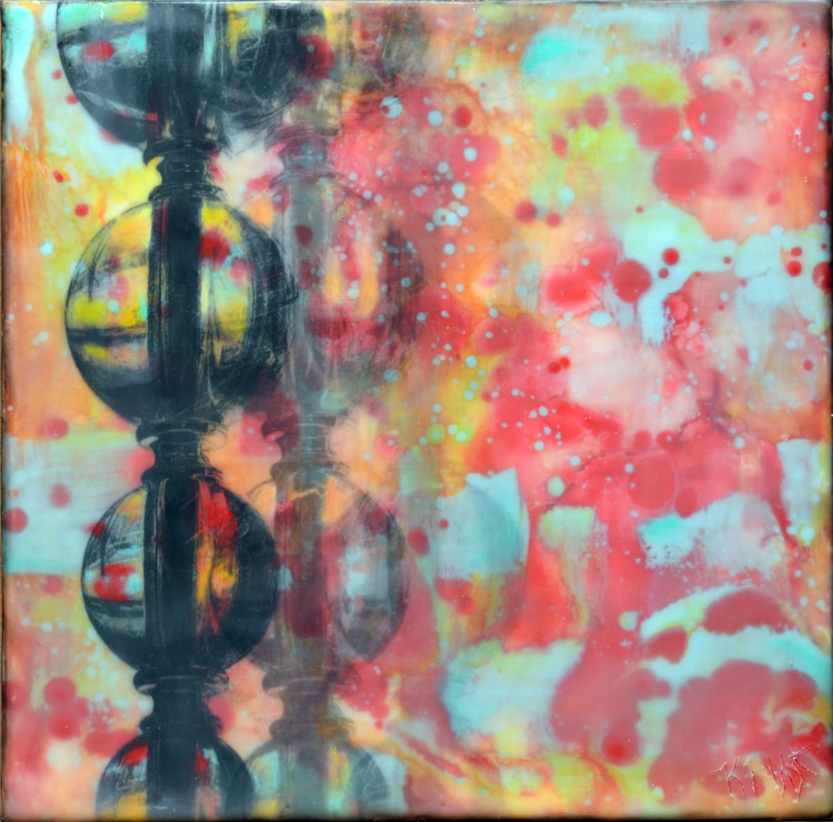 Lava Lamp  Image: Warm and fluid, this piece has a free spirit all its own.  This artwork was created by torch fusing and layering clear encaustic medium, various encaustic paints, oil pastels and by burnishing a digitally edited image of a lamp.  
