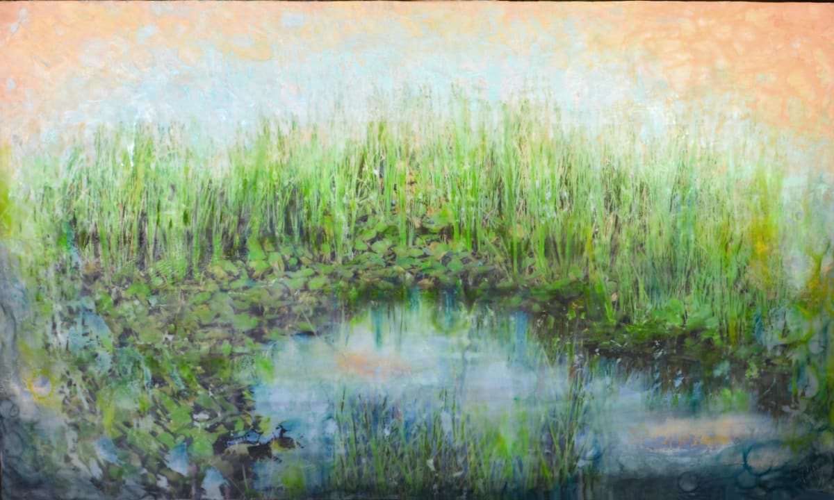 Lily by Kristianne Tefft  Image: This piece was inspired by Monet’s study of lilies.  I’ve attempted to capture the brilliance of nature’s watercolors and all the shades in between.  This artwork was created by torch fusing clear encaustic medium, white encaustic paint, oil pastels, pigment sticks, then adding a digitally edited photo from a local mash land.    
