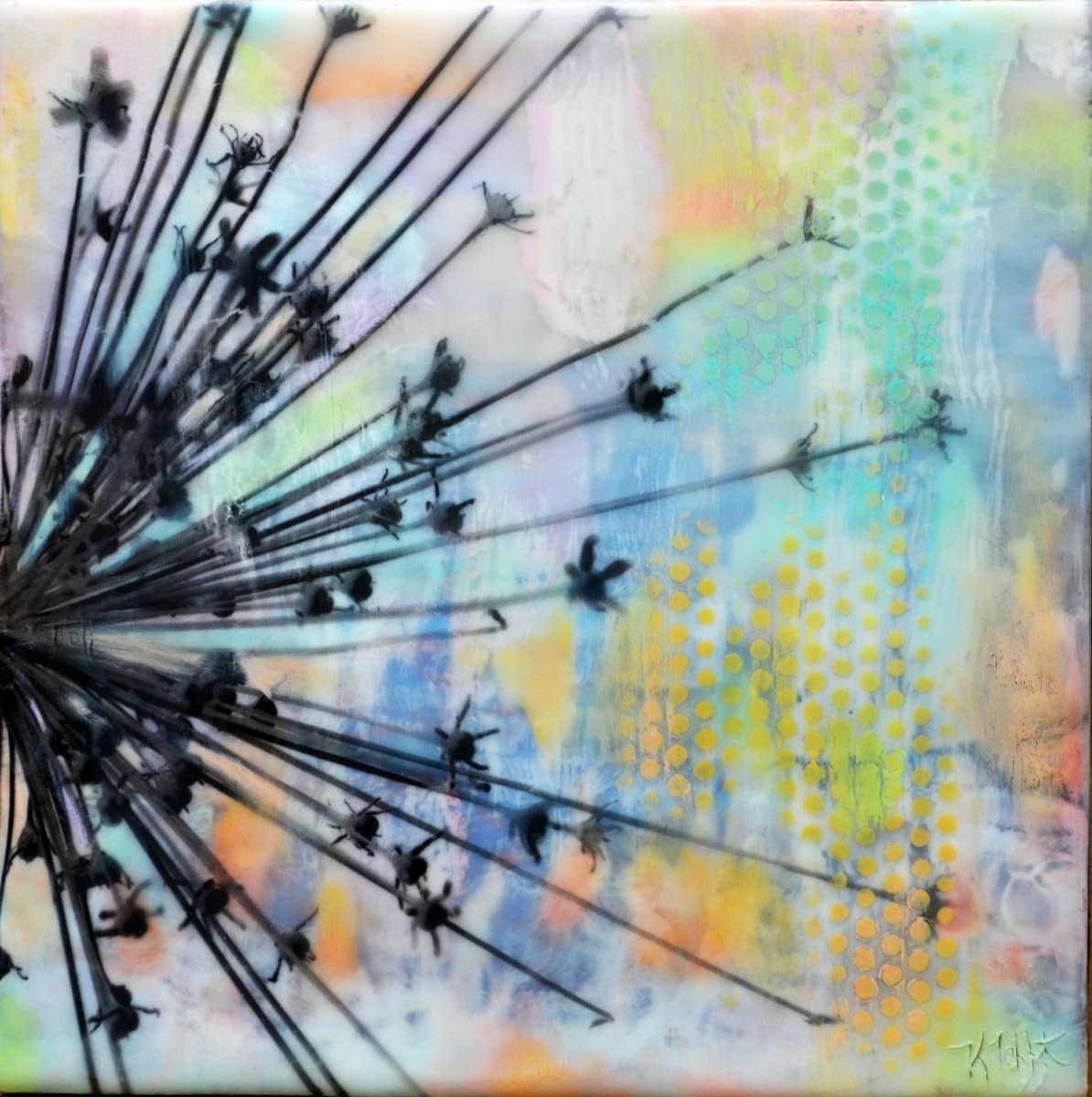 Lolly by Kristianne Tefft  Image: This fun little piece has it all, texture, color and a bold graphic image.  This artwork was created by torch fusing and layering clear encaustic medium, encaustic paints, pan pastels and by burnishing an image of a flower taken in Midland, MI.
