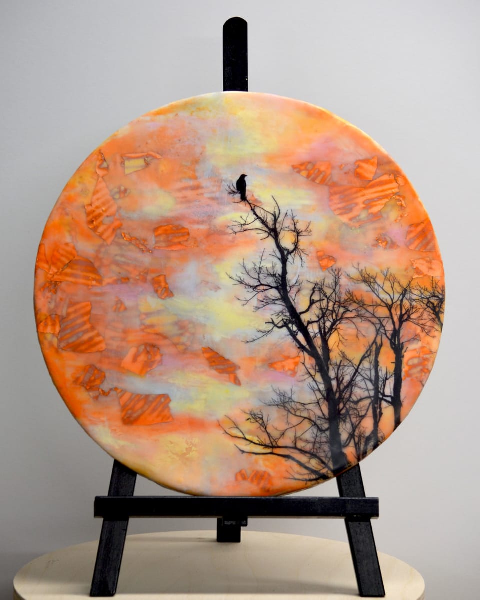 My Bird Can Sing by Kristianne Tefft  Image: This artwork was created by torch fusing clear encaustic medium, various encaustic paints, oil pastels, and pan pastels.  There is also an image burnished into the wax.  The image was taken near in Midland, MI. 