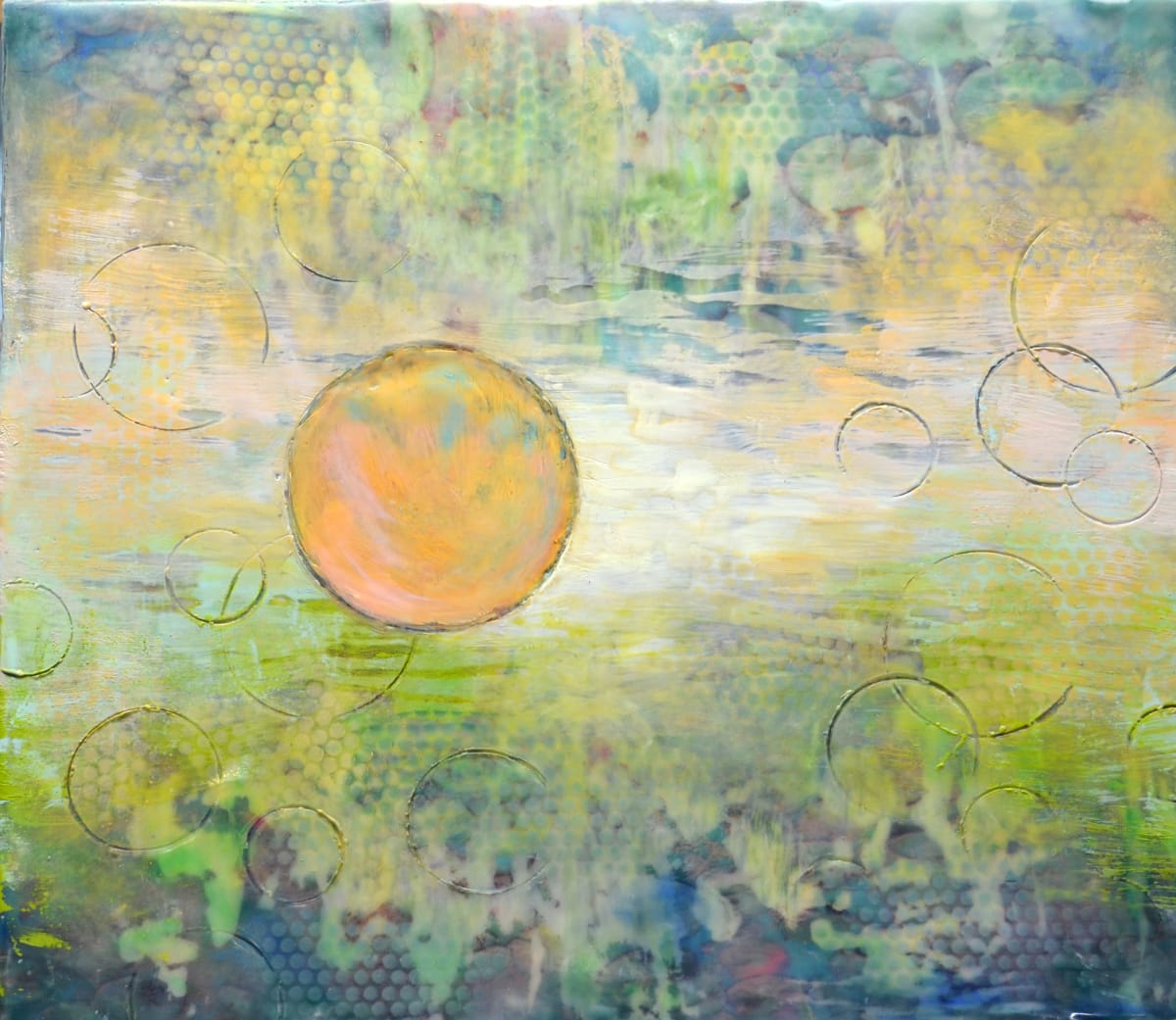 Orange Marsh by Kristianne Tefft  Image: This piece was inspired by a marshy wonderland, during sunset.  This artwork was created by torch fusing clear encaustic medium, various encaustic paints, oil pastels, oil paints and pan pastels.  There are also several images burnished into different layers of this painting. 
