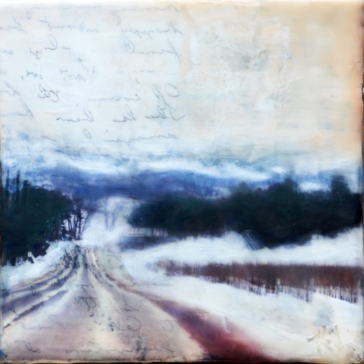 Orchard Road  Image: This little piece appears to have a history and a direction.  The road may be rough but it’s still beautiful.  This artwork was created by torch fusing and layering clear encaustic medium, encaustic paints, and by burnishing an image taken in Traverse City, MI.
