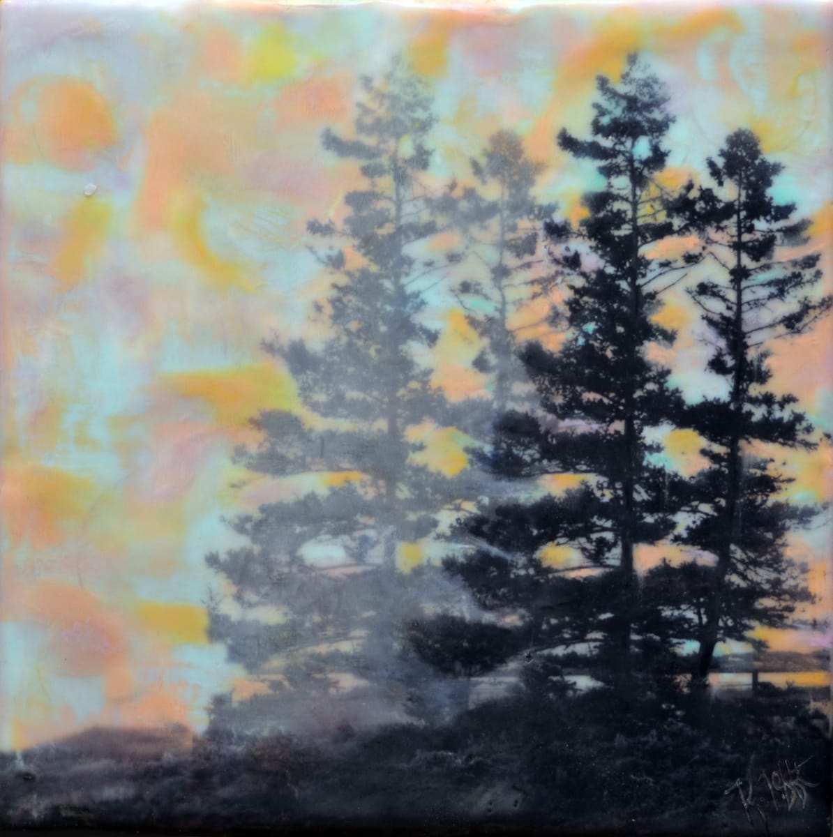 Retreat by Kristianne Tefft  Image: These trees stand on their own and won’t retreat into the background.  This artwork was created by torch fusing and layering clear encaustic medium, encaustic paints, and by burnishing images of trees taken in Detour, MI.
