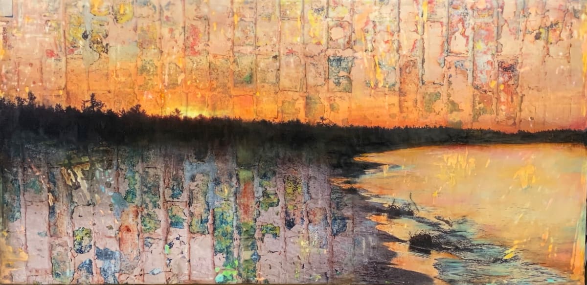 Rise Up  Image: This piece was inspired by nature’s redemption.  This artwork was created by torch fusing clear encaustic medium, various encaustic paints, oil pastels, oil paints and pan pastels.  There are also several images burnished into different layers of this painting. 
