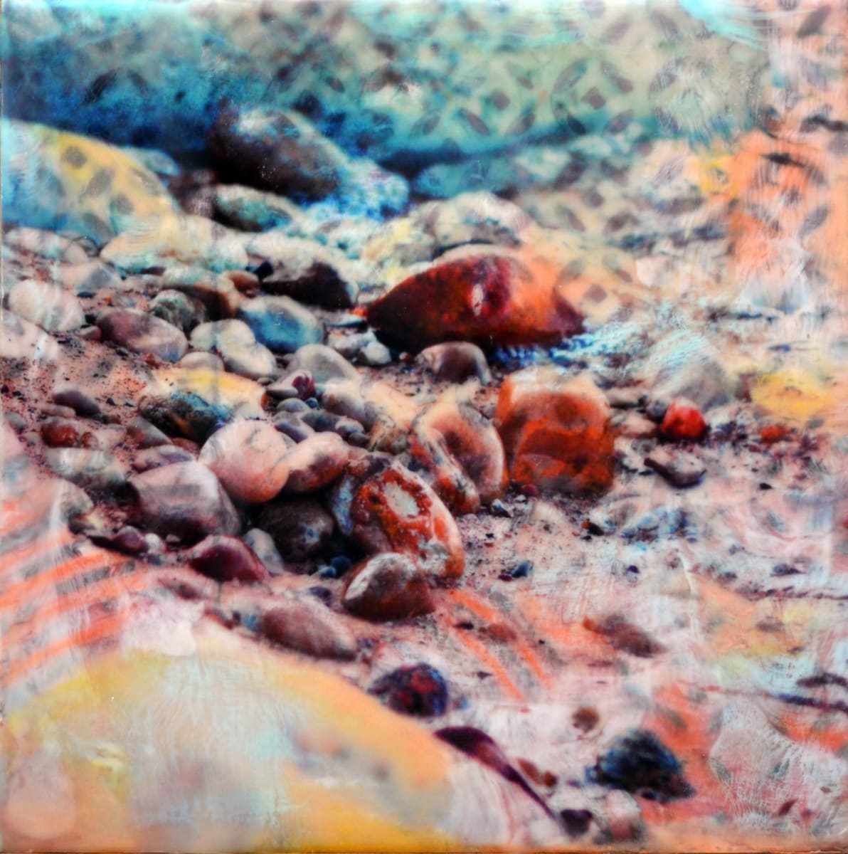 Rock Candy by Kristianne Tefft  Image: This artwork was created by torch fusing and layering clear encaustic medium, encaustic paints, pan pastels and by burnishing an image of rocks taken in Detour, MI.