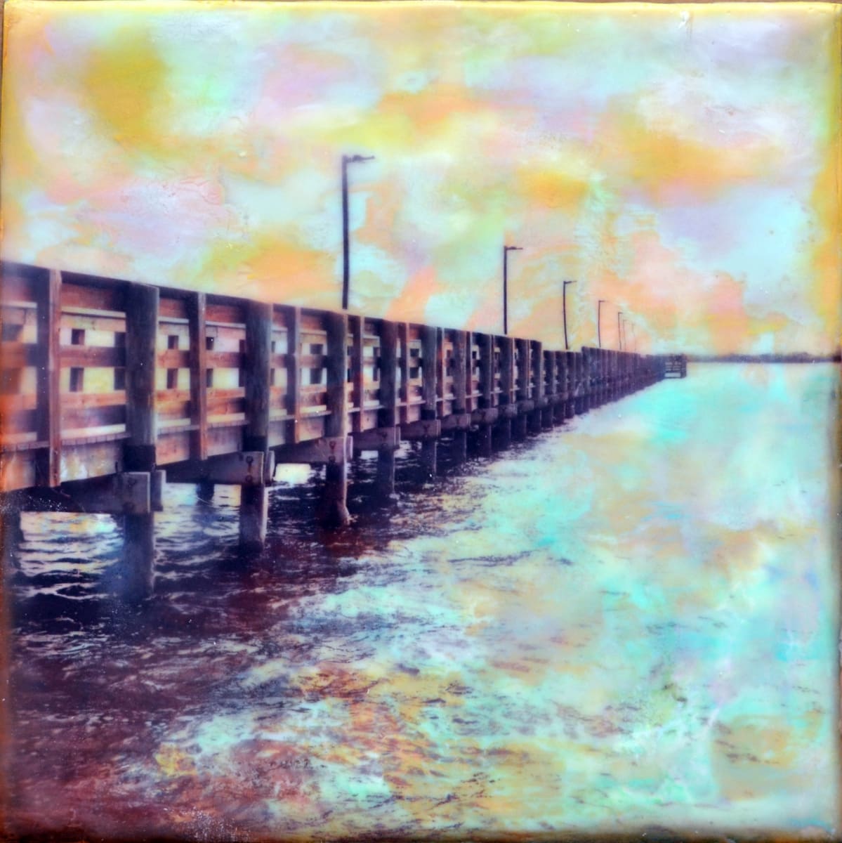 Sight by Kristianne Tefft  Image: This pier goes on as far as the eye can see, pointing the way to paradise.  This artwork was created by torch fusing and layering clear encaustic medium, encaustic paints, oil pastels and by burnishing a digitally edited image of a pier in Port Charlotte, FL.  
