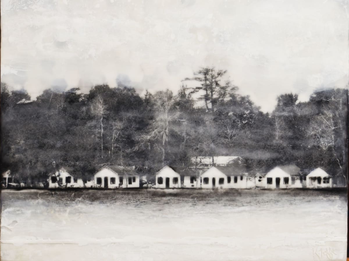 Simpler Time  Image: This classic black and white scene gives you a feeling of days gone by.  This artwork was created by torch fusing clear encaustic medium, white encaustic paint, oil pastels and then burnishing a digitally edited image of cabins location along lake Huron’s shore
