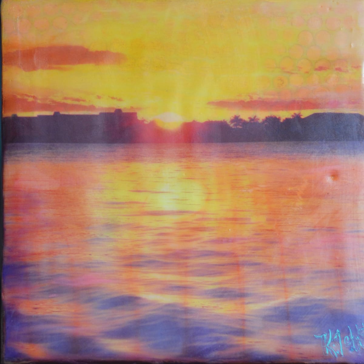 Sunset  Image: A warm and sunny scene created with collage materials, oil pastels and several layers of encaustic wax.