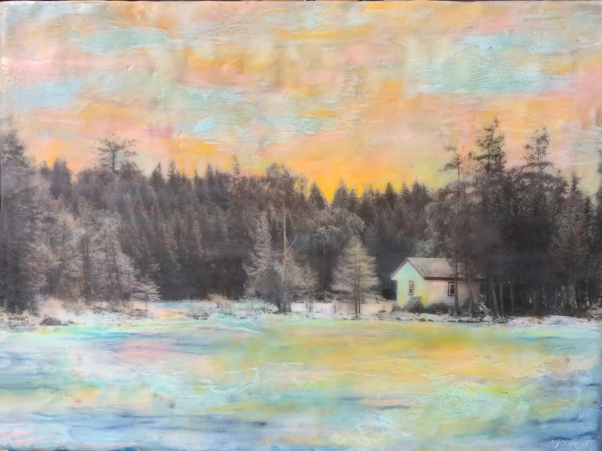 Solitude  Image: This piece represents emotions felt in a period of solitude.  True peace still exists, if you’re willing to look for it.    
  
This artwork was created by torch fusing clear encaustic medium, white encaustic paint, oil pastels and then burnishing a digitally edited image of a lone cabin on the shoreline of lake Huron.
