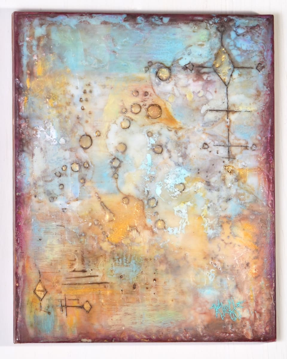 The Fall by Kristianne Tefft  Image: This piece has a history all its own.  The symbols and etchings are meant to simulate hieroglyphs and tell the story of The Fall.  This artwork was created by torch fusing clear encaustic medium, encaustic paints, oil pastels, and oil paints.
