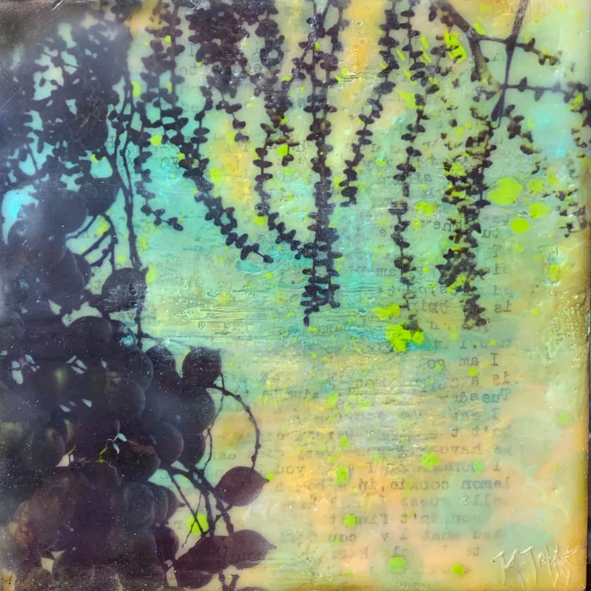 Warm Coconut by Kristianne Tefft  Image: A warm and tropical vibe created with collage materials, oil pastels and several layers of encaustic wax.  