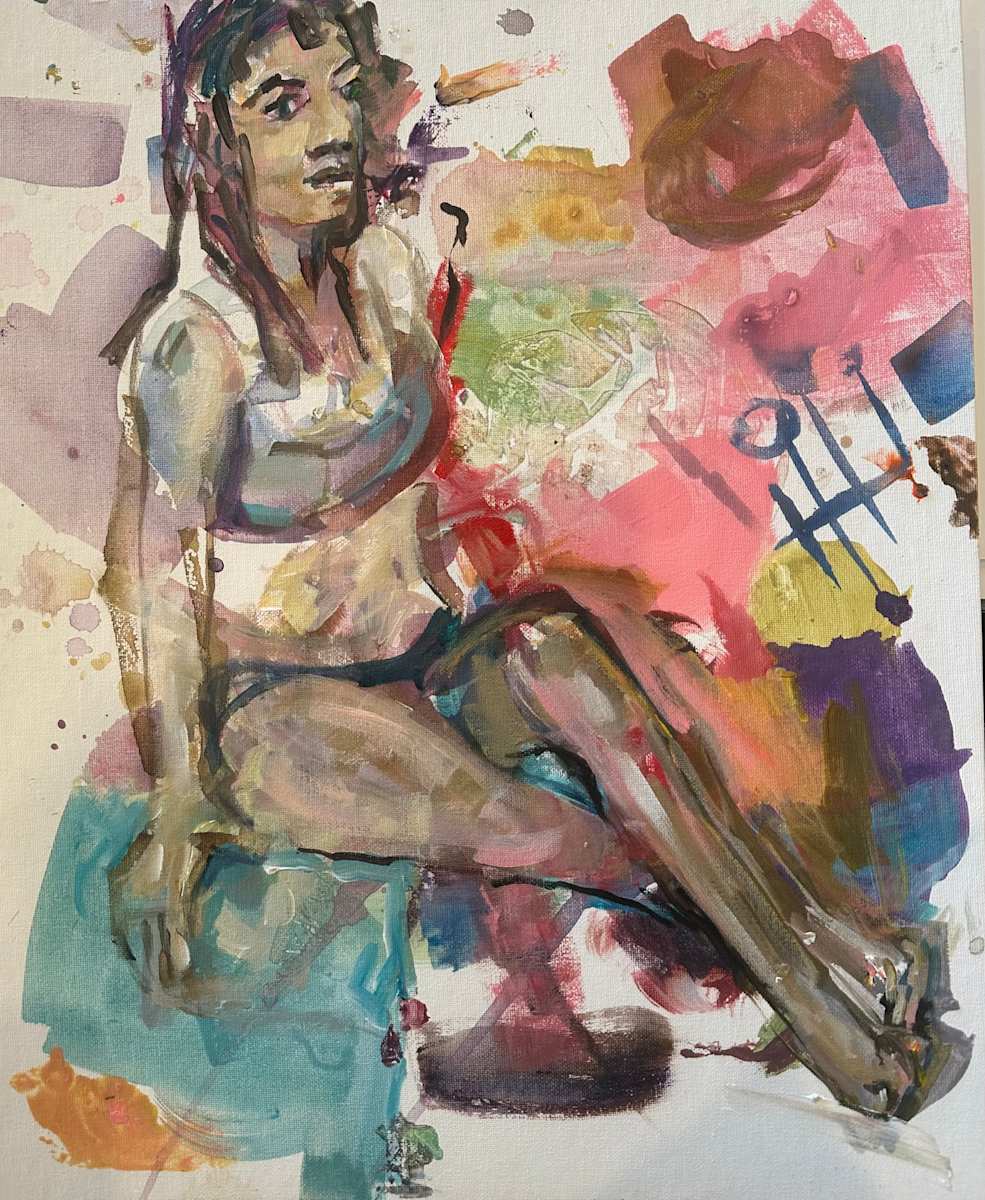 Sitting figure, pink background 24 by Andrea Kostyal 