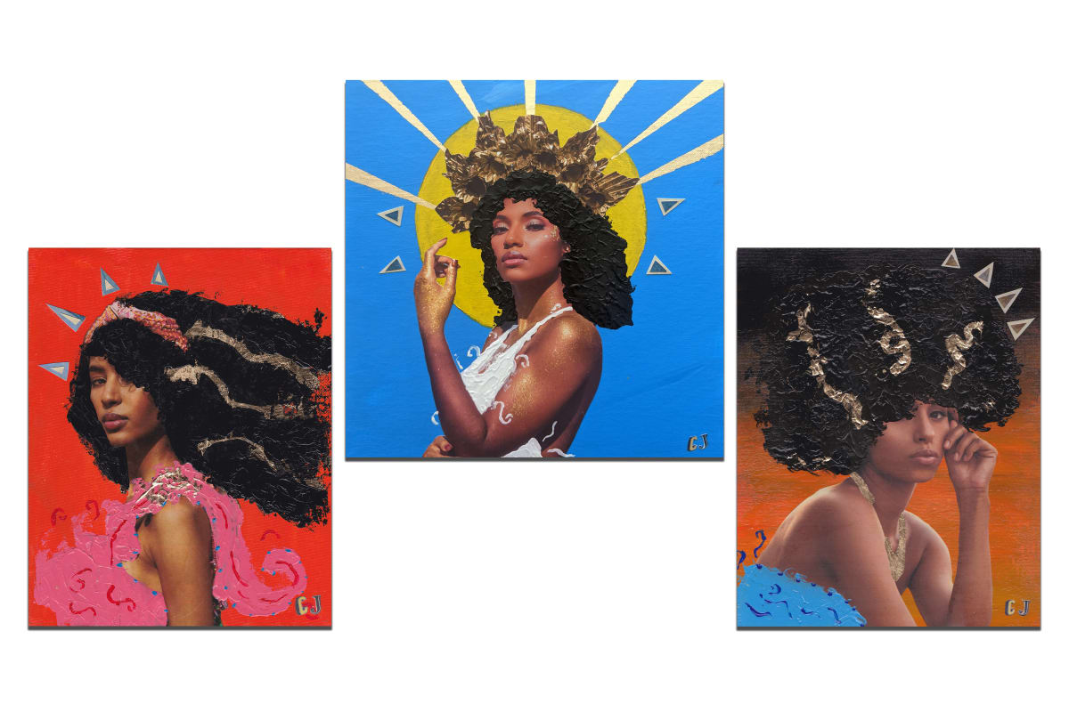 Portraits of an Unrepentant Sun by Christopher Murphy  Image: This triptych depicts our sun in its myriad forms; bright dawn, shining noon, and beautiful dusk.