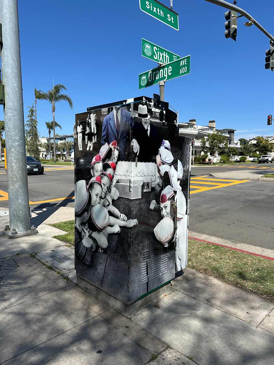Art Outside the Box Take 2: 6th and Orange Avenue by Mason Dean, Jocain Howard  Image: Junior Traffic Patrol boy's party hosted in Spreckels Park. 1939. Coronado Historical Association Collection. Rights reserved. 