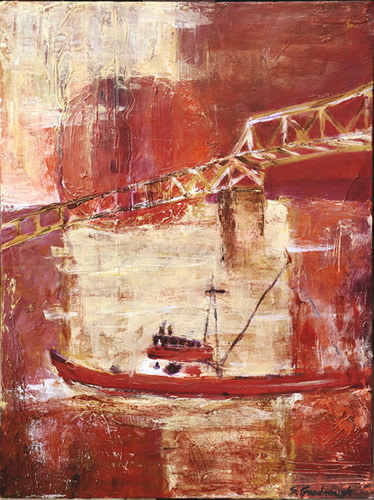 Red Moon Over Boat and Bridge by Sarah Goodnough 