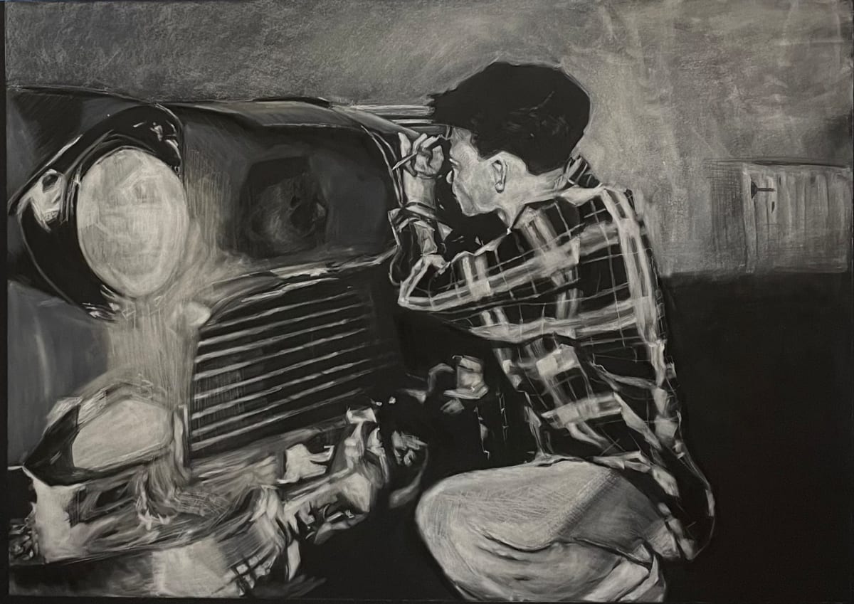 Reflections of the Past by Lorraine Yigit  Image: Charcoal, pan pastel and kneaded eraser on black paper  22x30”