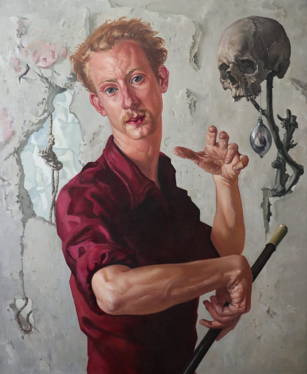 Self portrait with skull and cane by Albertus Gerardus Knupker 