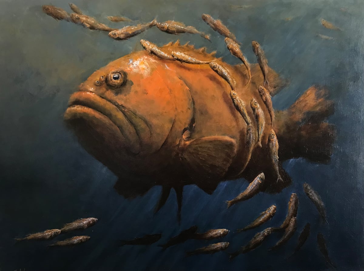 Grouper and Groupies by Susan F. Schafer Studio  Image: Inspired by the slow calmness of the giant grouper, which grows to over 800 pounds, in contrast to the skittering school of smaller fish.