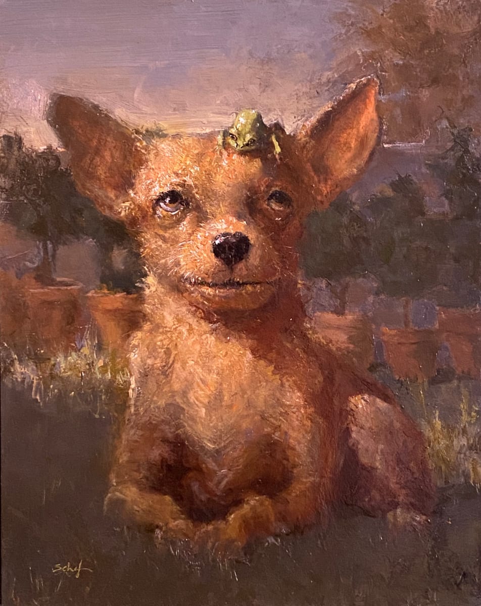 Frog on a Dog by Susan F. Schafer Studio  Image: Frog on a Dog, 14 x 11 inches, oil
