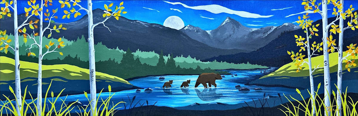 Bears in the Moonlight by Tara Austin Novak  Image: Bears in the Moonlight - Original concept painting for custom mural created for a private residence in Beaver Creek, Colorado - 12x36x1.5" Canvas covered cradled hardboard