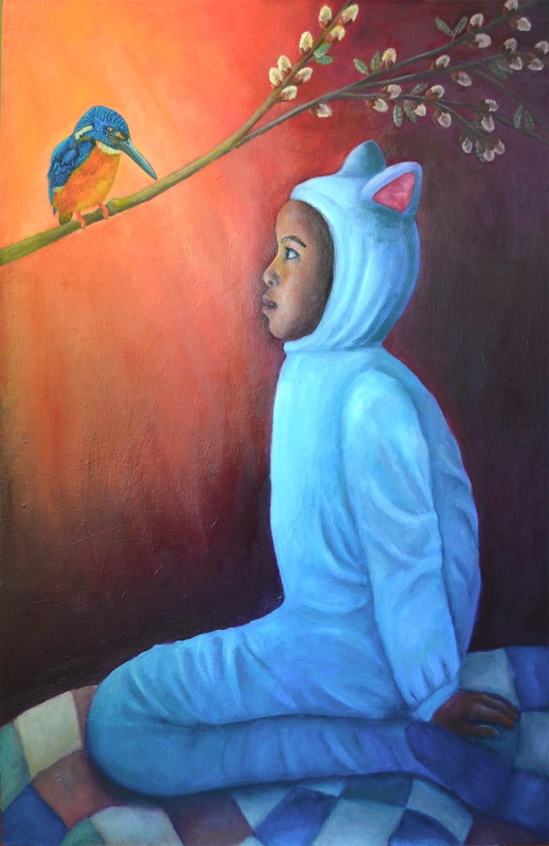 Transfixed by Susan Silvester  Image: "Transfixed" captures a vibrant interaction between youthful wonder and the natural world on a striking red background. A shaft of light illuminates a child in a white cat costume, highlighting a moment of connection with nature, represented by a pussy willow branch and a kookaburra bird. The child kneels on a pastel checkered blanket, a choice that signifies comfort and preparation in engaging with the world around, suggesting a deliberate moment of pause and observation rather than a spontaneous encounter. This setting invites viewers to appreciate the deliberate moments of engagement with the natural world, emphasizing the importance of mindfulness and the intentional pursuit of beauty in our surroundings