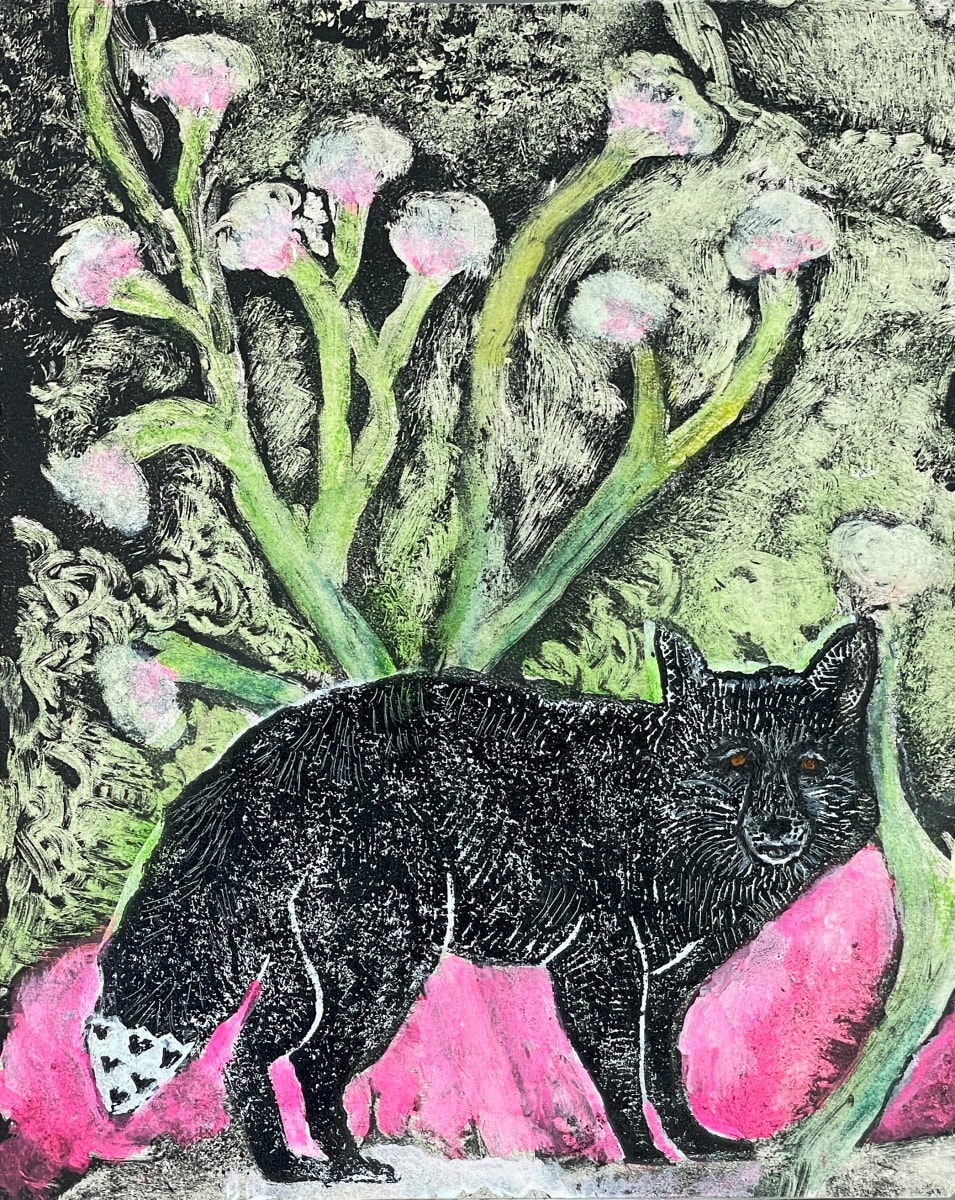 Fox on Pink Florescent Rock by Susan Silvester  Image: monoprint with lino block