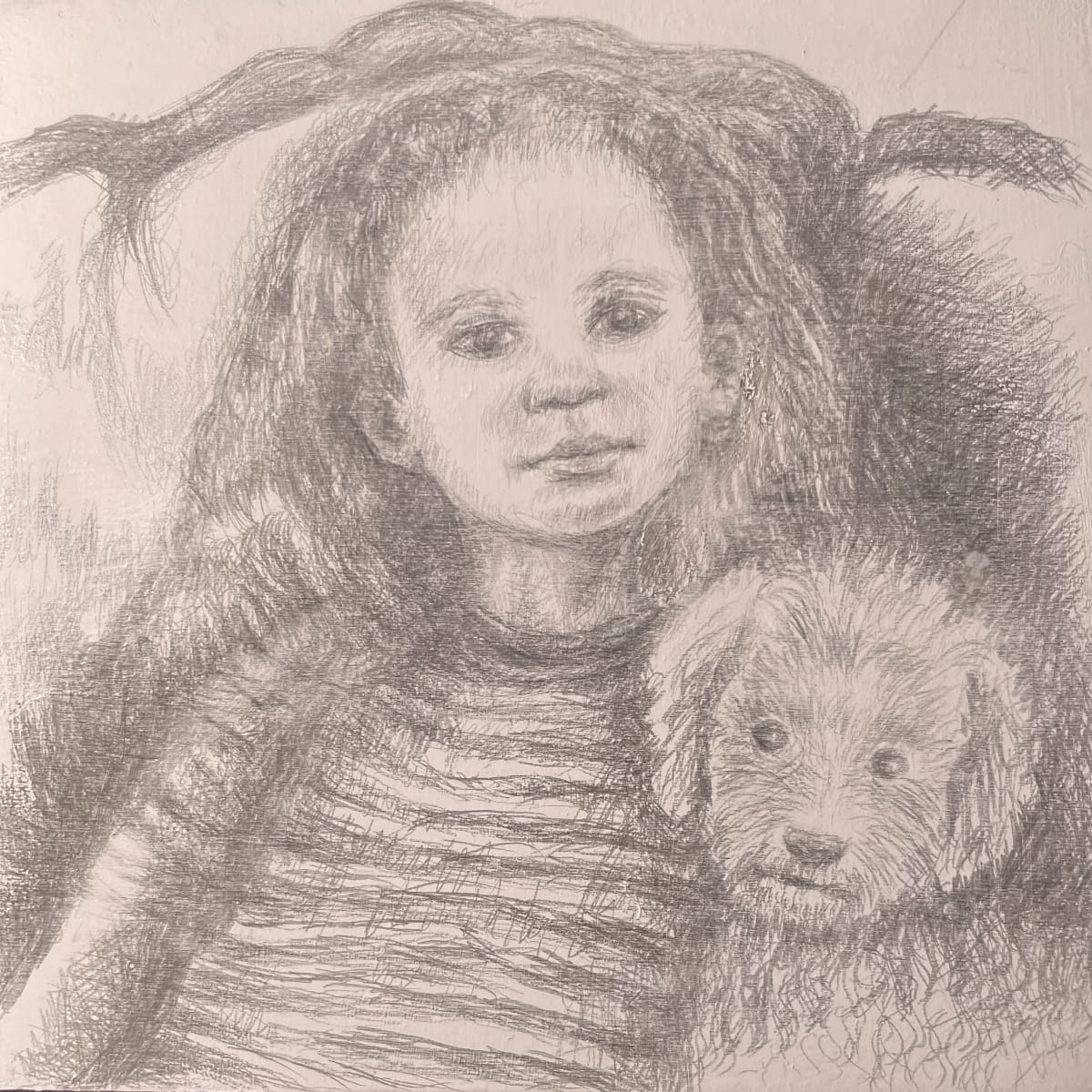 My Bestie by Susan Silvester  Image: This series of silverpoint portraits merges the ancient art technique with contemporary themes, showcasing children and their modern toys or pets to reflect on the evolving nature of play and companionship. The use of silverpoint lends a timeless quality to these intimate depictions, emphasizing the deep connections between the subjects and their chosen companions, whether organic or engineered. Through this juxtaposition, the series invites viewers to contemplate the impact of technology on childhood and the fundamental nature of friendship
