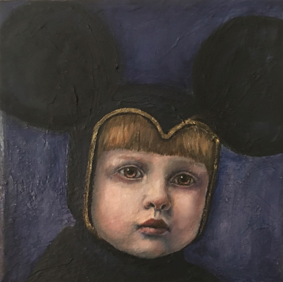 The Little Mouse by Susan Silvester  Image: A young girl's solemn gaze pierces through the whimsy of her black Mouse hat, a poignant juxtaposition of innocence and mystery.