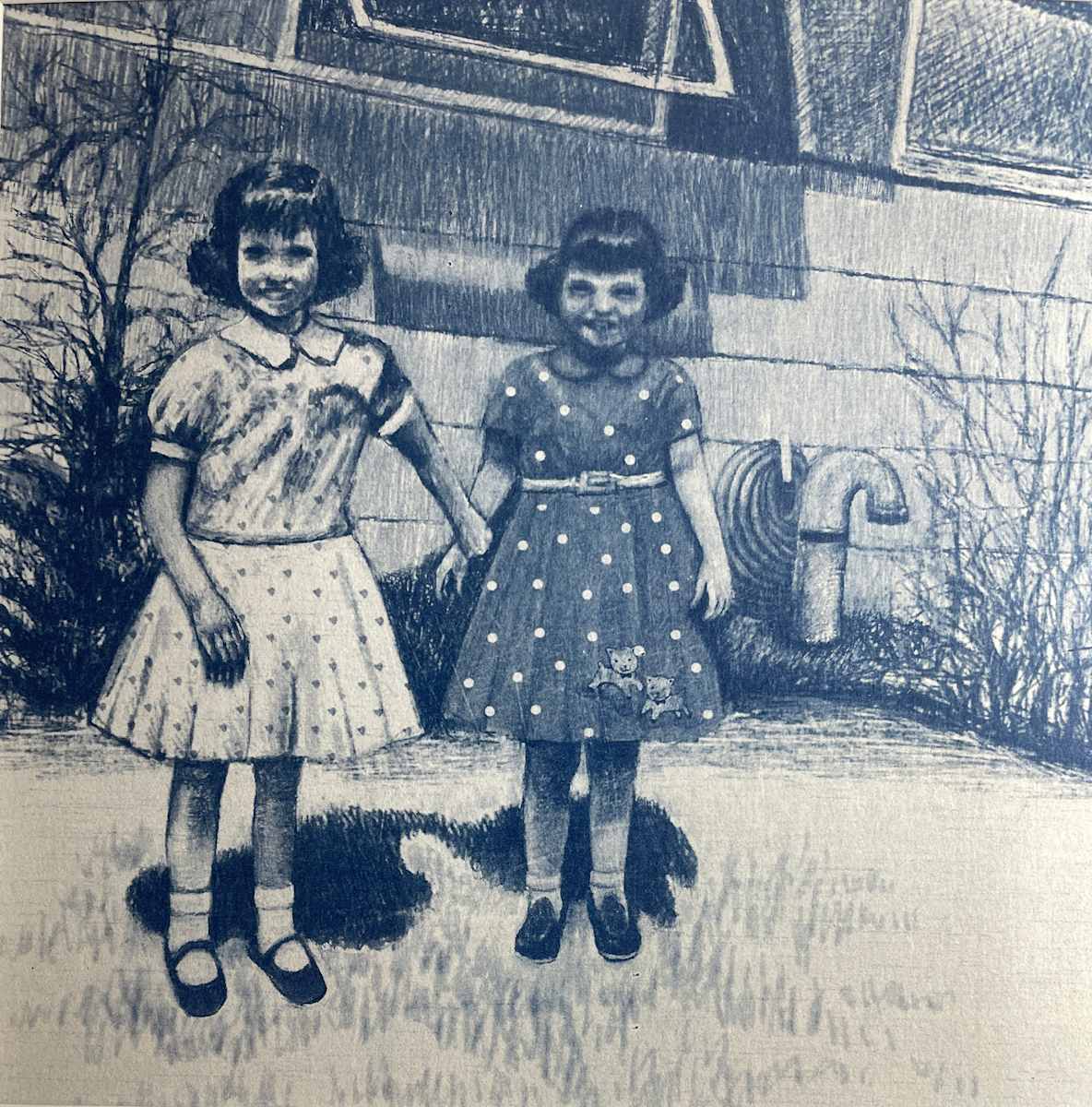 Hand in Hand by Susan Silvester  Image: Two girls stand at the threshold of something new—clutching each other’s hands, dressed in their best, poised between childhood play and the world of rules and routines. The tilt of the house behind them, the shadows on the grass, and the textured blue wash of the cyanotype all evoke the distortion of memory—how moments soften and sharpen over time.
This piece captures not just a first day, but a shared courage, the quiet bond of early friendship, and the fleeting tenderness of growing up side by side.