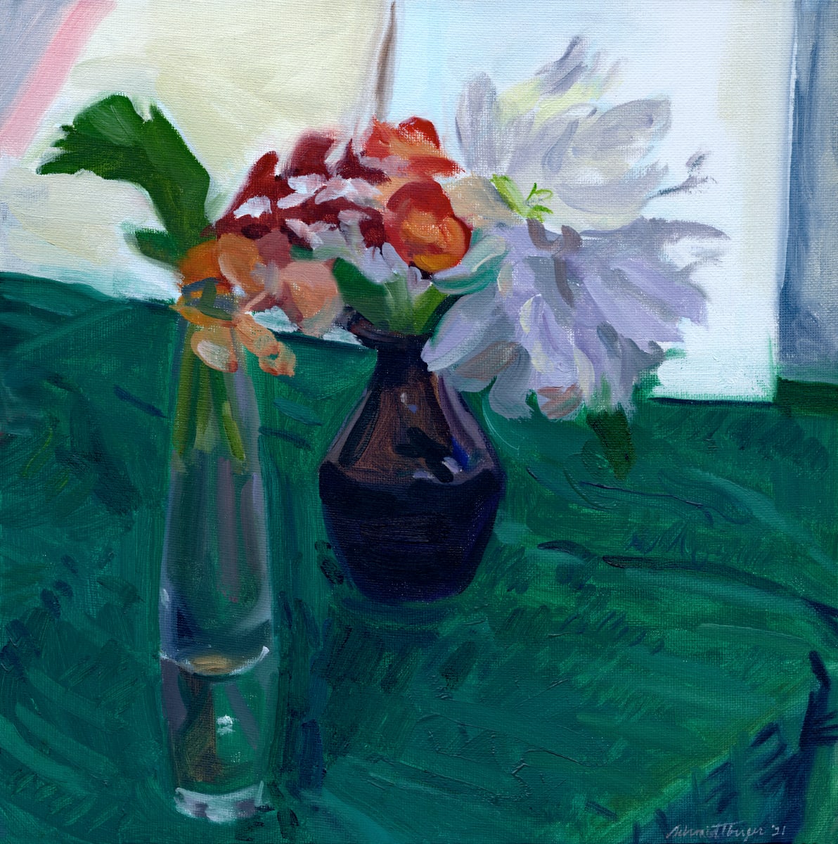 Still-life with Begonia and Peony on a Green Cloth by John Schmidtberger 