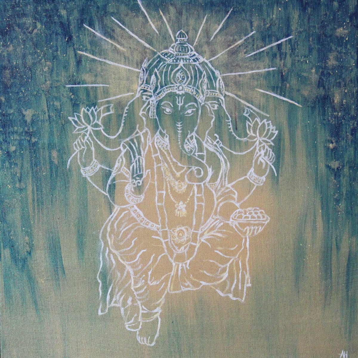 Gold Ganesh  Image: One of the most worshipped Hindu deity, Ganesha is the Lord of Obstacles, removing and placing obstacles on our path to serve us to the highest. He is also associated with the primal sound Om.

Acrylic on canvas 18x18in. Gallery quality canvas and professional grade paint - protected by archival varnish and ready to hang (wire in the back). Frame not included. 