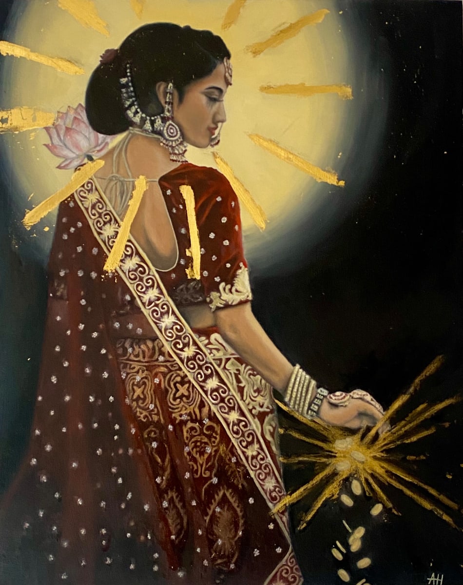 Mata Lakshmi by Amelie Hubert  Image: Lakshmi is the Goddess of prosperity, abundance, fertility, beauty and good fortune. Usually represented holding a lotus flower in one hand, with gold coins flowing out of the other hand. She is the representation of the Divine Mother that nourishes and blesses all beings incessantly. Lakshmi is also the energy that transforms dreams into reality, and reminds us that both spiritual and material riches are our birthright.