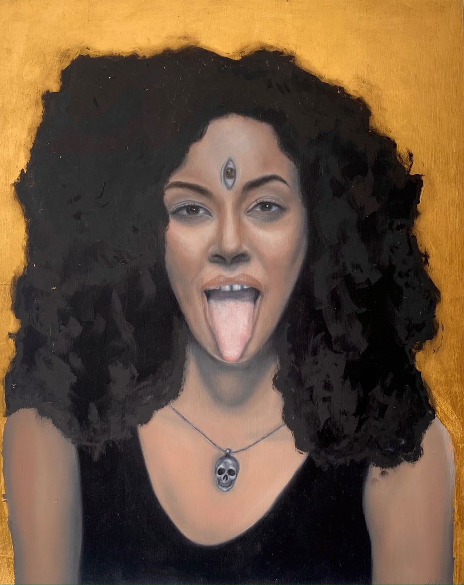 Mata Kali by Amelie Hubert  Image: Oil on panel 16x20 inches, varnished and ready to hang.

Kali is an aspect of the Divine Mother and generally associated with battle and death. She is a fiery Goddess born for battle against demons, but also a facet of the Divine Mother that helps clear the way for renewal, and is fiercely protective of her devotees. I like to think of Kali as a great warrior that protects me and is here to slay my inner demons.

I created this modern take on Kali to remind myself and others that the Divine Feminine is as much fierce, powerful and protective as it is loving and nurturing. And we need all the aspects in our modern lives.