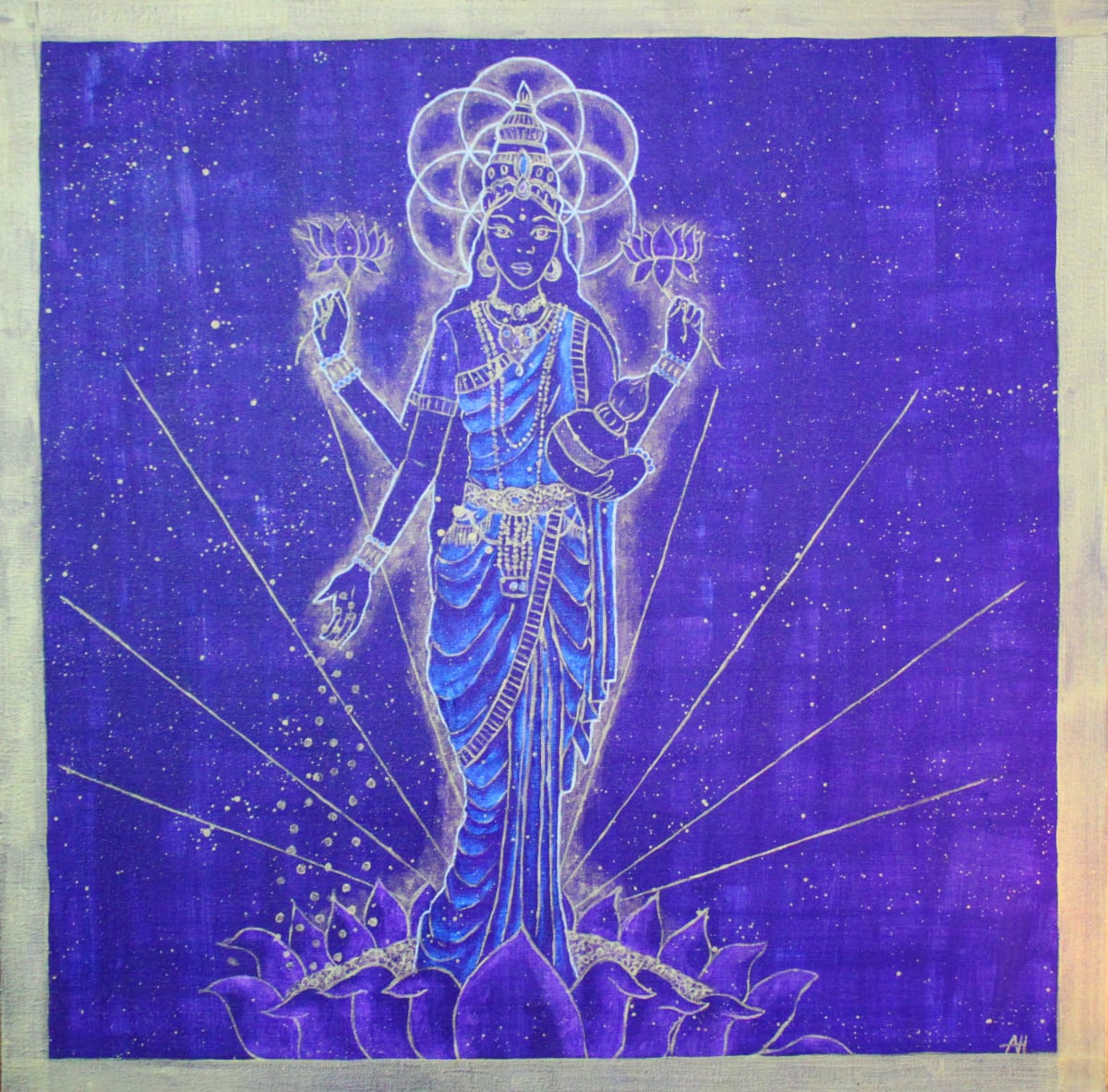 Lakshmi  Image: Lakshmi is the Hindu Goddess of Abundance. She is one of the three aspects of the Divine Mother, along with Durga and Saraswati. She brings good fortune, wealth and abundance of all good things. My love for Lakshmi is very deep and I created this piece to honor the endless love and comfort she brings me. 

Acrylic on canvas 24x24 inches. Gallery quality canvas and professional grade paint - protected by archival varnish and ready to hang (wire in the back). 