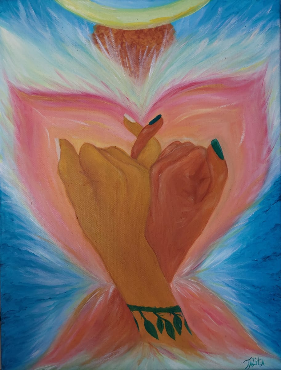 Friendship by Talita Moraes Marcillo  Image: Friendship: An acrylic masterpiece capturing the essence of connection—a field of energy pink forming a heart and angel wing, cradling two hands holding tight. A visual celebration of the profound bond found in friendship.