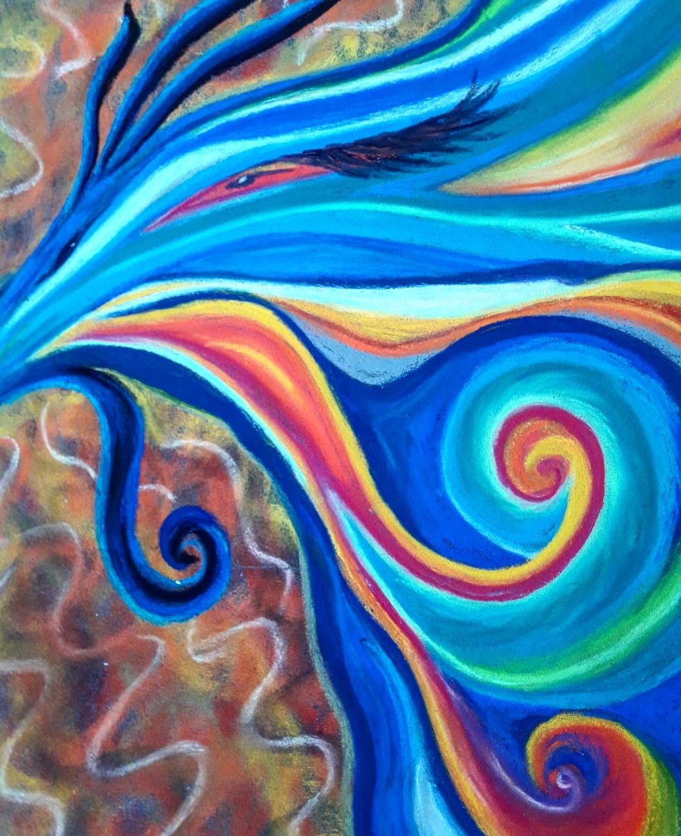 Phoenix Thoughts by Talita Moraes Marcillo  Image: Phoenix Thoughts: A vibrant tapestry in pastels, weaving hues of vibrant blues, spirals, and waves—a symbolic call for rewiring circular thoughts. Witness the rebirth of the mind in a kaleidoscope of contrasting colors. 
