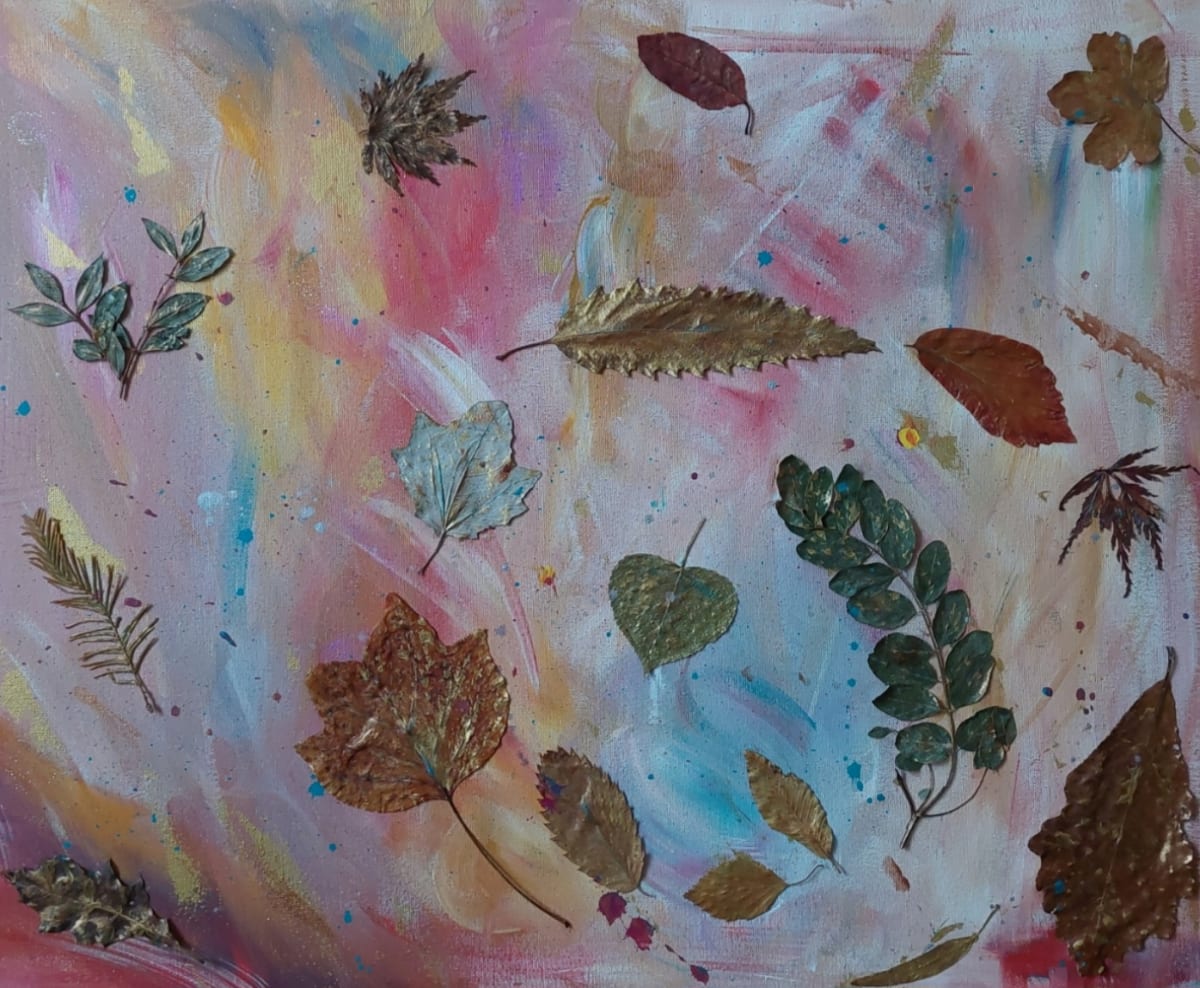 Flowing by Talita Moraes Marcillo  Image: Meet 'Flowing': a canvas of fluidity and grace. With iridescent acrylics and leaves from St. Anne's Park, Dublin, every stroke tells a gentle tale. Preserving the leaves mirrors vulnerability and resilience. Join the rhythm.