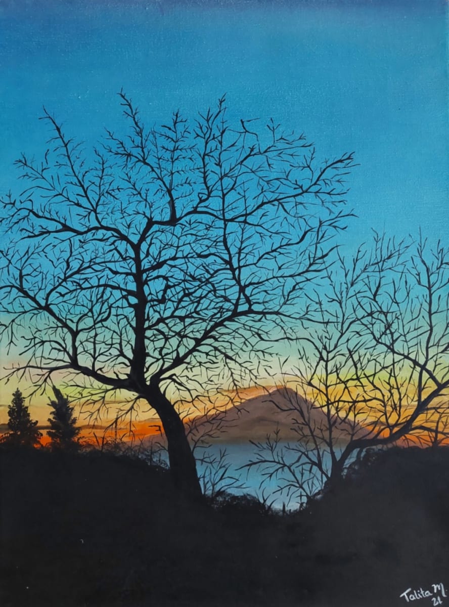 Etna Sunset by Talita Moraes Marcillo  Image: Etna Sunset: An oil on canvas testament to the unforgettable beauty of a Sicilian evening, where vibrant skies meet the majestic silhouette of Etna. Shadowed trees, interweaving branches in a dance of strength and connection, frame the scene. Vulcanic energy rises, water reflects emotions, and trees whisper to the soul—a visual journey inspired by my Italian citizenship adventure.