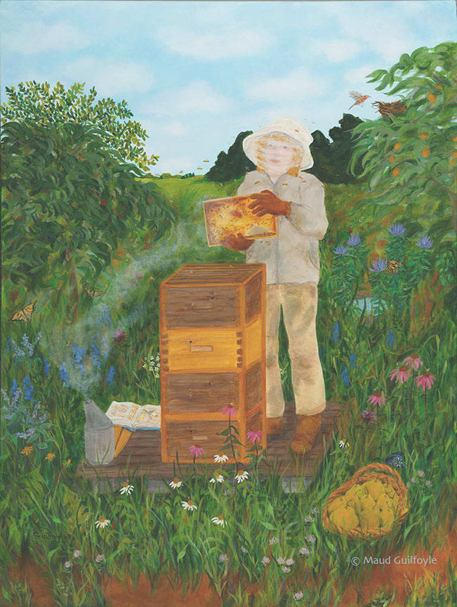 Beekeeper by Maud Guilfoyle  Image: Beekeeper tending her hive with bee suit, smoker and gloves.