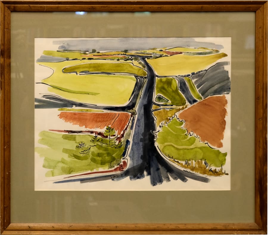 Untitled by Jan Shoger  Image: watercolor depiction of a road running along fields