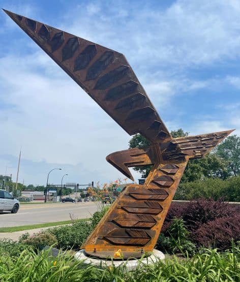 Wanbli Mitakuye Oyasin  Image: Image of steel eagle sculpture taken from the south